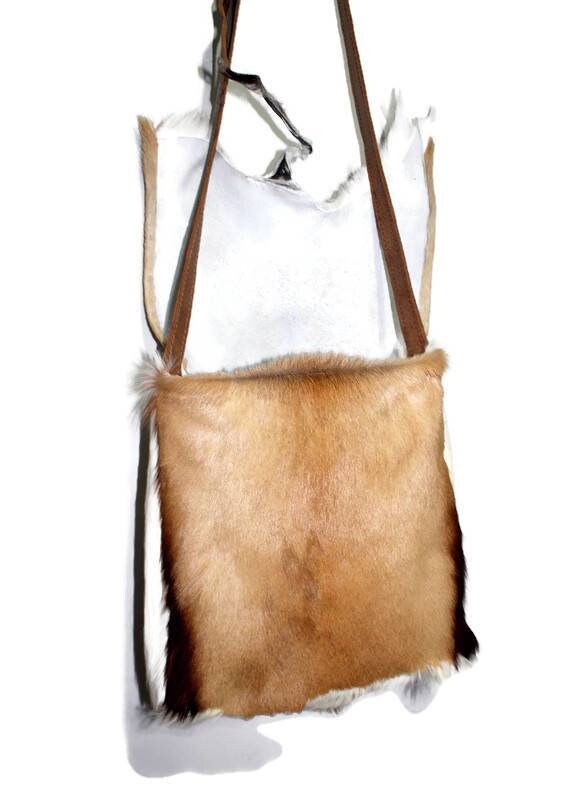 Antelope, Springbok Leather Large Slingbag /Handbags. Original leather with furs African animal themed bag. 30cm x 30cm or 11.8"x11.8" Gifts