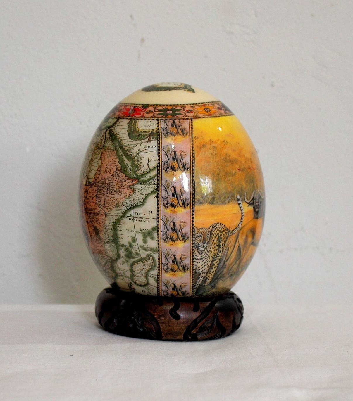 African Big Five Decoupage Ostrich Egg Shell with Sunset Golden Background and African Map. Unique Wedding, Birthday and Housewarming Gifts