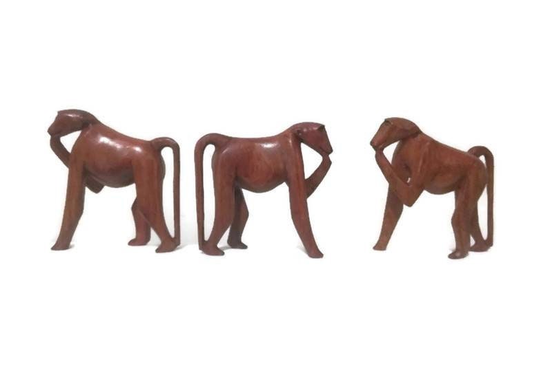 Set of 3 olive wood feeding baboon. Monkey sculpture 5" x 5" home decor figurines. Express Shipping Worldwide