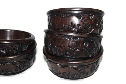 Set of 3 Carved Ebony Wood Bowls with Big Five Animals Carving Around. Brown Dinning Table Decor/ Centerpiece. African Gifts Ready to Ship