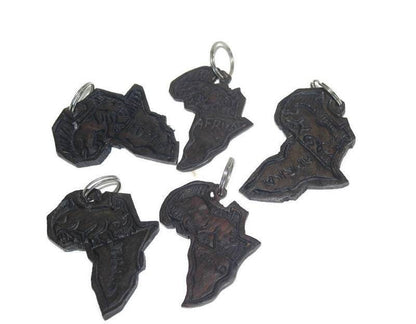 Hand carved Ebony Wood African Maps keyholders / Zipper charms with animals. Giftsets for theme party and corporate gifts. Set of 5