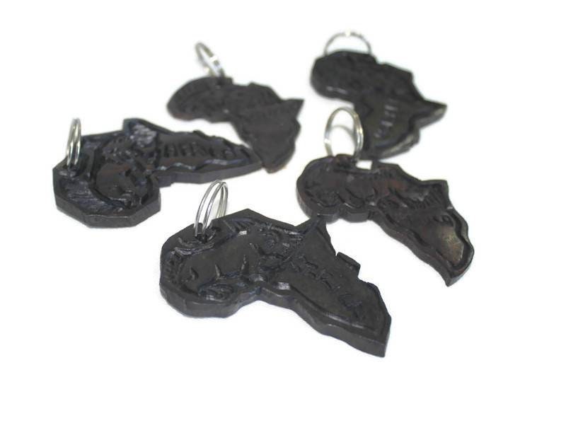 Hand carved Ebony Wood African Maps keyholders / Zipper charms with animals. Giftsets for theme party and corporate gifts. Set of 5