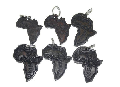 Hand carved Ebony Wood African Maps keyholders / Zipper charms with animals. Giftsets for theme party and corporate gifts. Set of 5