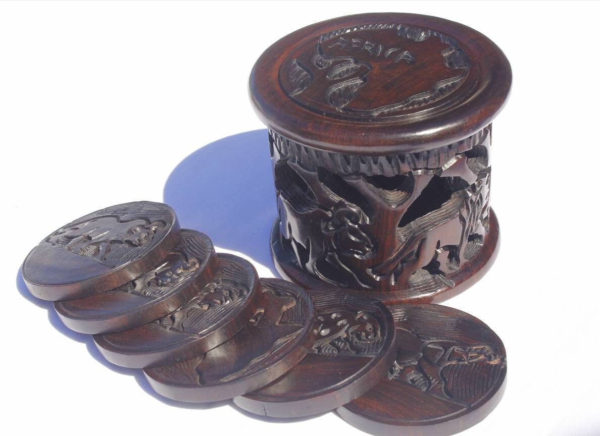 Ebony wood Table Coasters Set and Box with the African Big Five Animals Carving on. Mothers day and Birthday Gifts Ready to Ship.