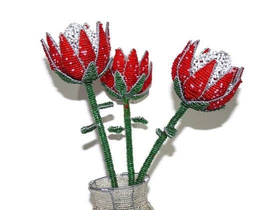 Beaded King Protea flower. Unique Wedding gifts, South Africa's National Flower. Red Green, White beads and Wire. Artificial flowers decor