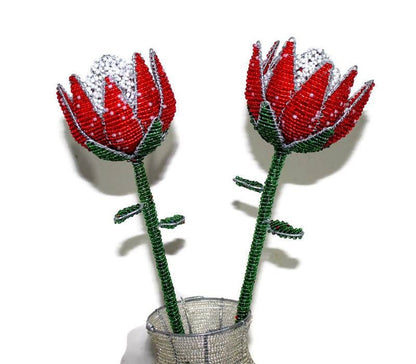 Beaded King Protea flower. Unique Wedding gifts, South Africa's National Flower. Red Green, White beads and Wire. Artificial flowers decor