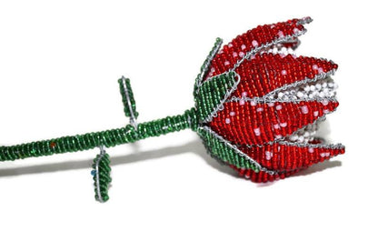 Beaded King Protea flower. Unique Wedding gifts, South Africa's National Flower. Red Green, White beads and Wire. Artificial flowers decor