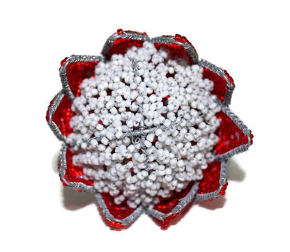 Beaded King Protea flower. Unique Wedding gifts, South Africa's National Flower. Red Green, White beads and Wire. Artificial flowers decor