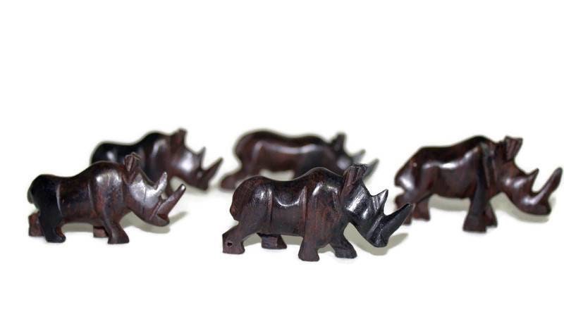 5 Carved Ebony Wood Rhino figurines. Mini Decor Sculptures for the love of wildlife. African Big 5 thank you gifts. Express Shipping