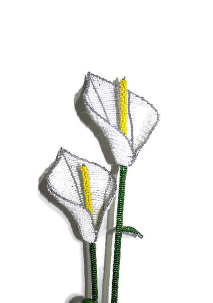 White Lily Beaded flower, with green sterm and yellow heart. African Art Handmade Interior Decor. Ready to Ship Wedding/ Birthday gifts