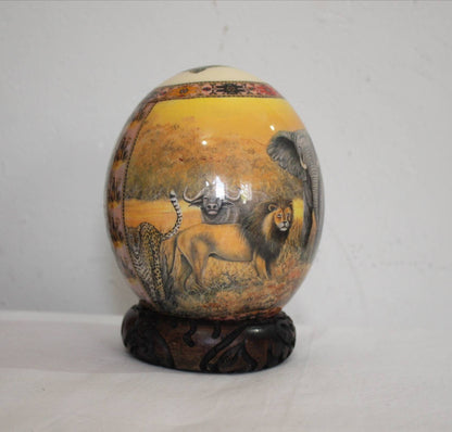 African Big Five Decoupage Ostrich Egg Shell with Sunset Golden Background and African Map. Unique Wedding, Birthday and Housewarming Gifts