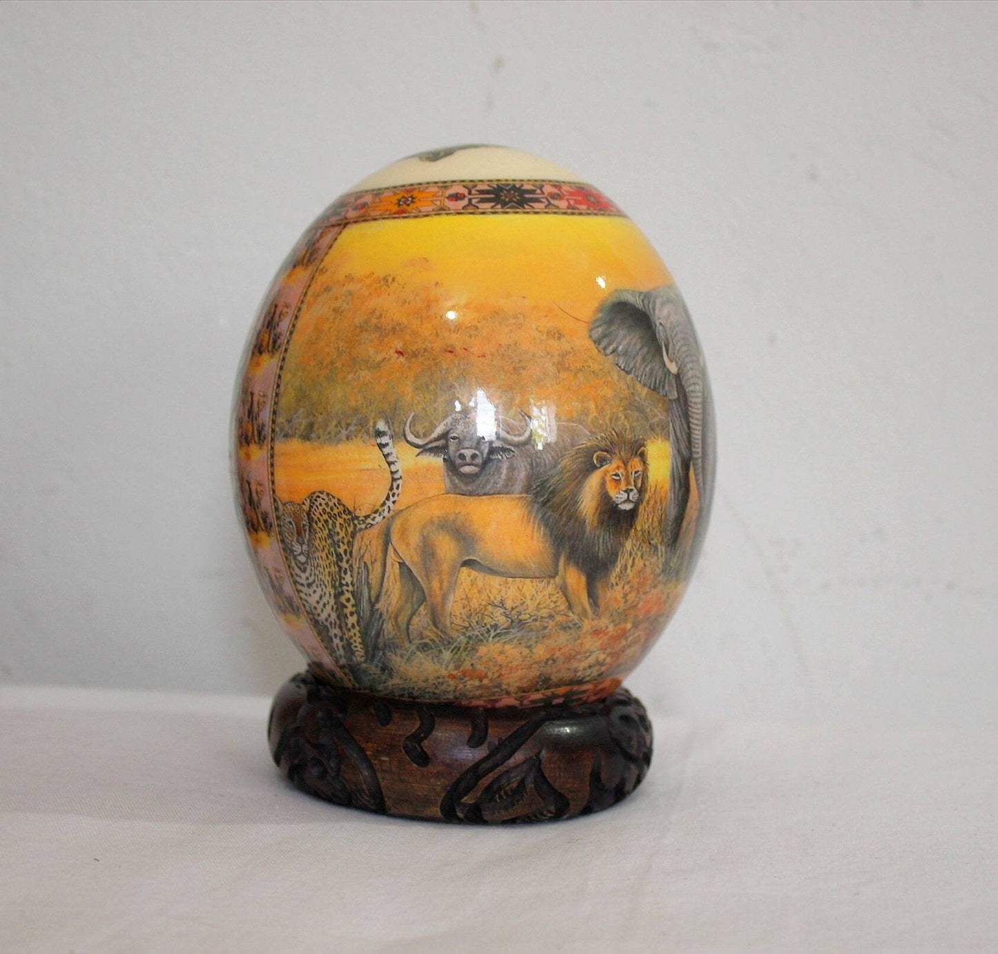 African Big Five Decoupage Ostrich Egg Shell with Sunset Golden Background and African Map. Unique Wedding, Birthday and Housewarming Gifts