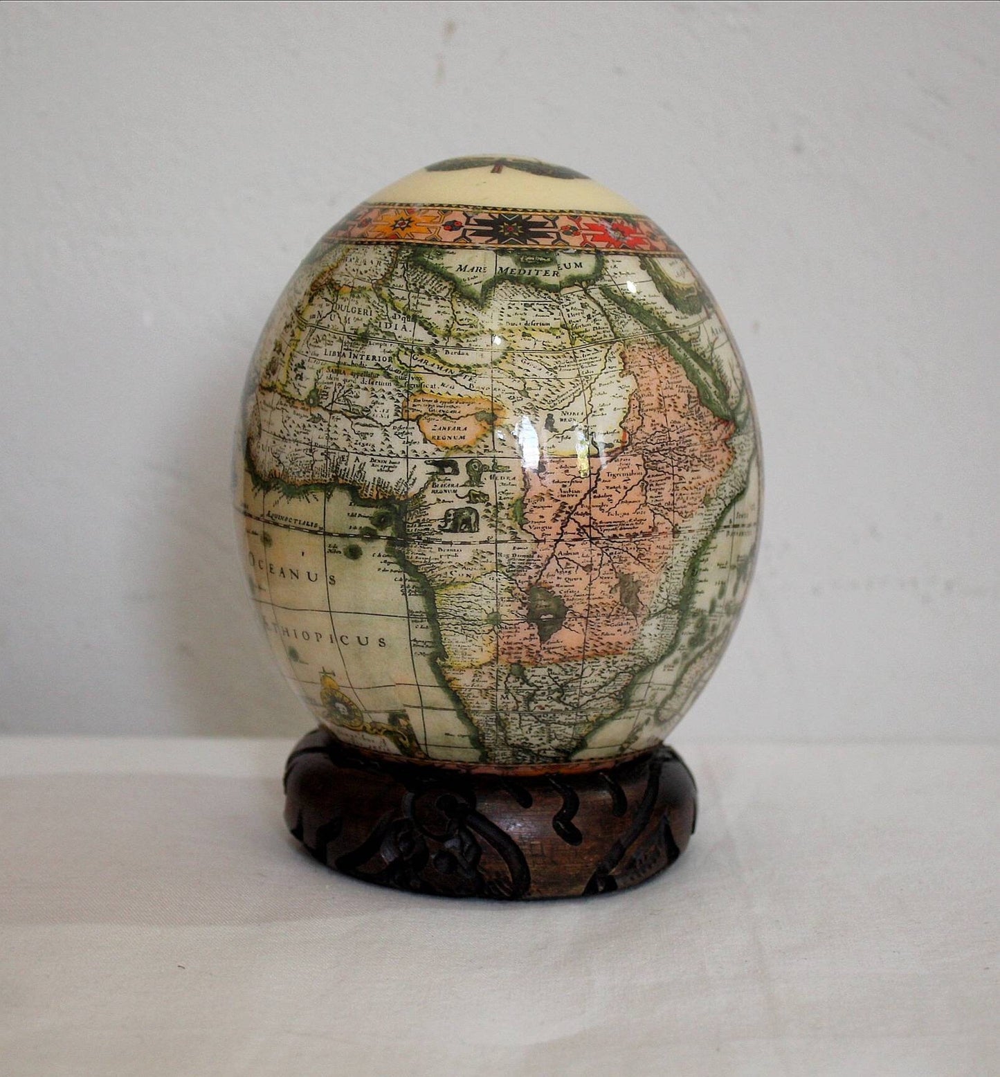 African Big Five Decoupage Ostrich Egg Shell with Sunset Golden Background and African Map. Unique Wedding, Birthday and Housewarming Gifts