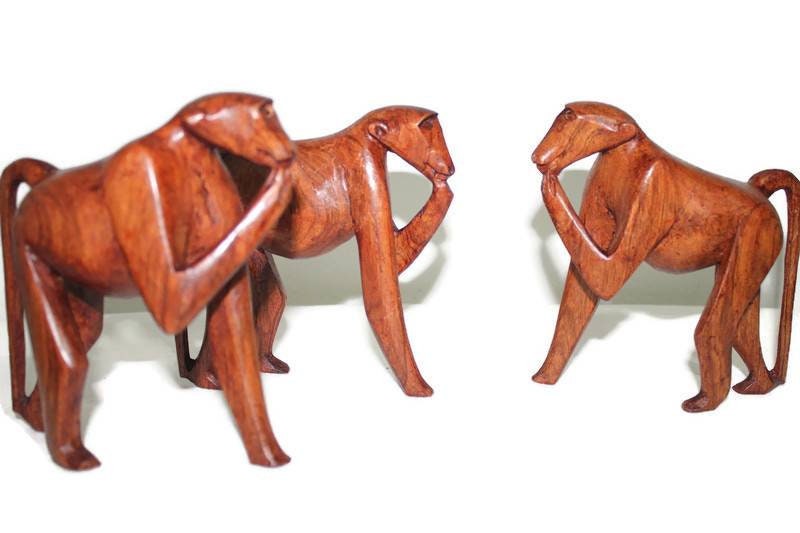 Set of 3 olive wood feeding baboon. Monkey sculpture 5" x 5" home decor figurines. Express Shipping Worldwide