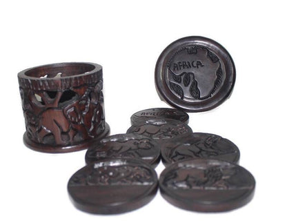 Ebony wood Table Coasters Set and Box with the African Big Five Animals Carving on. Mothers day and Birthday Gifts Ready to Ship.