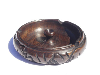 Hand carved Ebony Wood Ashtray. Big Five Animals Carving Around the wooden Round Ashtray. Tobacciana African handmade Collectibles Gifts art