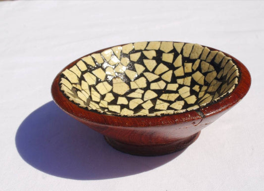 Wooden bowl with Ostrich Eggs Mosaic design. Carved Mahogany Wood table centerpieces. Home and Office Decor. Handmade African gifts Souvenir