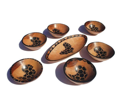 Set of 7 African Map theme Teak wood bowls. Zebra and Giraffe animal print designs black paint on smooth light brown teak Wood. Unique Gifts