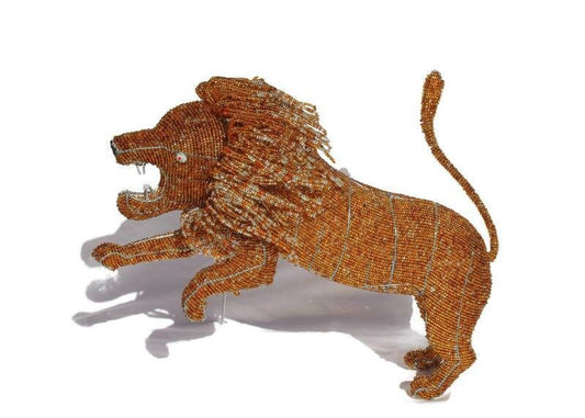 Jumping Brown Beaded Lion figurines by Job Guwhe. Hotel Decor Artwork, Handmade African Art Souvenirs. Express Shipping Worldwide