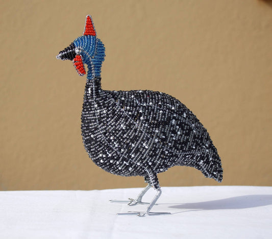 20cm Tall beaded Guinea Fowl Sculpture. Black, white, grey beads and wire handmade by Job Guwhe. African Art gifts/Souvenirs. Ships Express