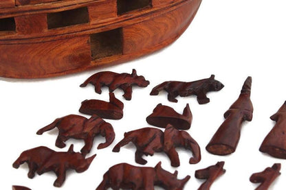 Noah's Ark handmade wood art.  30x9x9cm vessel with 20 pieces animals pairs figurines including Noah and his wife. Home/Office Décor gift