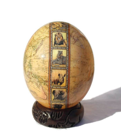 World Map with Big Five Animal heads on Authentic Ostrich Egg Shell Decoupage Art. Unique African Home Decor Gifts Ready to Ship Worldwide.