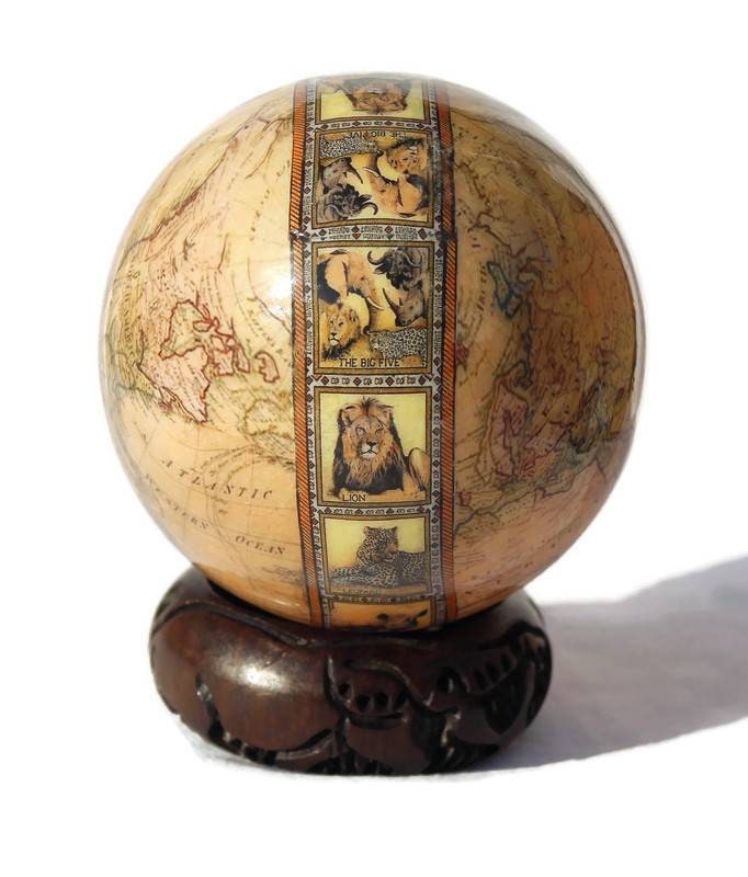 World Map with Big Five Animal heads on Authentic Ostrich Egg Shell Decoupage Art. Unique African Home Decor Gifts Ready to Ship Worldwide.