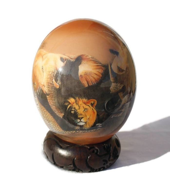 Sunset themed Big Five Ostrich Egg Decoupage Art on brown Background. Office and Home Decor Gifts from Africa, Express Shipping Worldwide