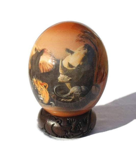 Sunset themed Big Five Ostrich Egg Decoupage Art on brown Background. Office and Home Decor Gifts from Africa, Express Shipping Worldwide