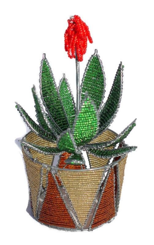 Beads and wire Aloe Vera Plant on Beaded Brown and Gold Vase. Green artificial Home and Office decoration Gifts, Express Shipping Worldwide.