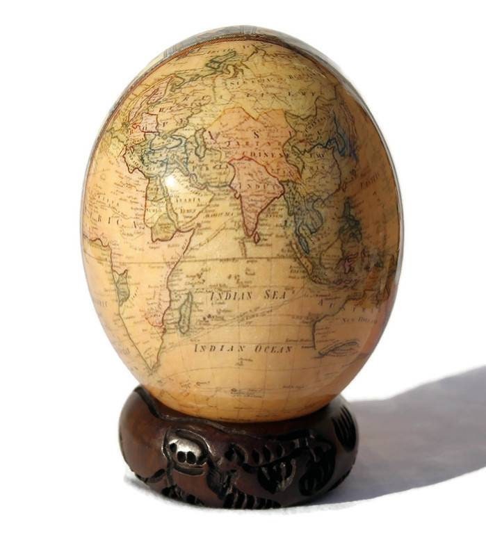 World Map with Big Five Animal heads on Authentic Ostrich Egg Shell Decoupage Art. Unique African Home Decor Gifts Ready to Ship Worldwide.