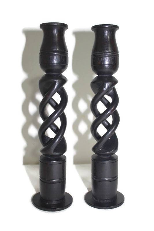 Smooth Spiral Ebony Wood Candlestick stands. Unique African Candle Holder home lighting Gifts. Express Shipping Worldwide. Set of 2