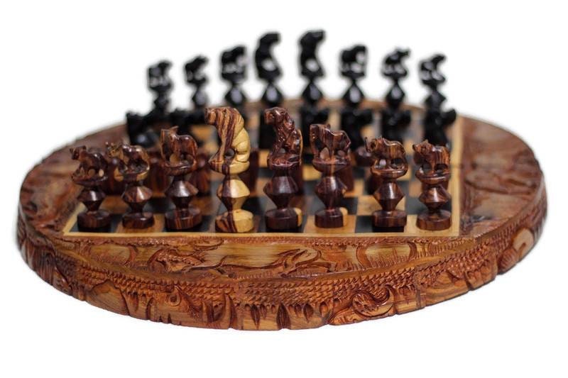 Round African Big Five Animals Chess Set. Ebony, Mahogany and Zebrawood fine Art Hand Carved board game. Folding Circle Design. Unique gifts