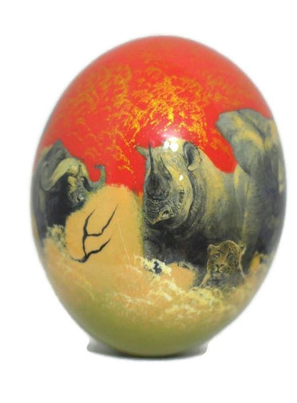 Decoupage Ostrich Egg Big 5 African Art Painted. Red / Blue Background Animal Print Home Decor. Unique Gifts Express Shipping Worldwide