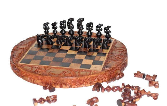 Round African Big Five Animals Chess Set. Ebony, Mahogany and Zebrawood fine Art Hand Carved board game. Folding Circle Design. Unique gifts