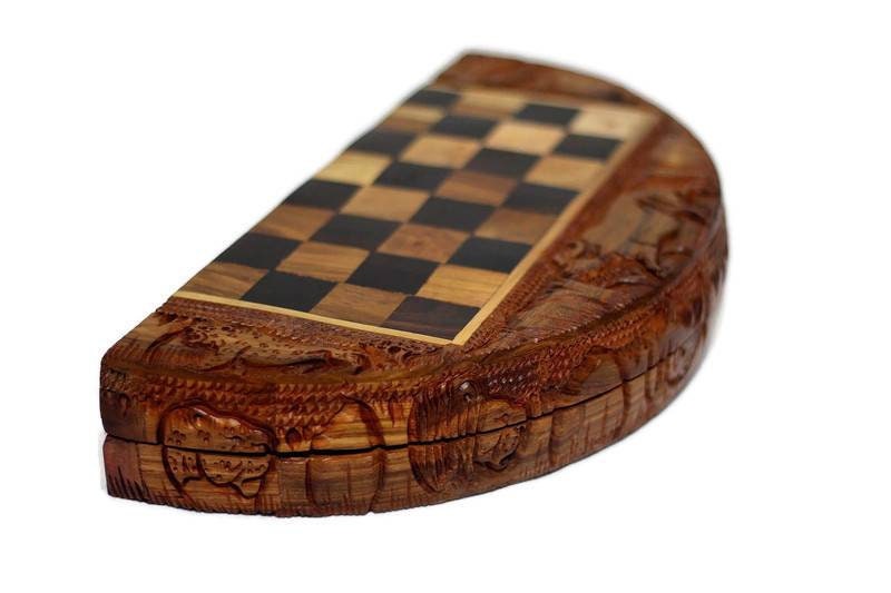 Round African Big Five Animals Chess Set. Ebony, Mahogany and Zebrawood fine Art Hand Carved board game. Folding Circle Design. Unique gifts