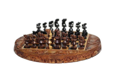 Round African Big Five Animals Chess Set. Ebony, Mahogany and Zebrawood fine Art Hand Carved board game. Folding Circle Design. Unique gifts