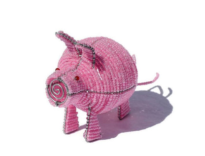 Cute Pink beaded pig figurine. Unique African handmade Gifts ready to Ship Worldwide. This mini Sculpture makes a great Christmas gift