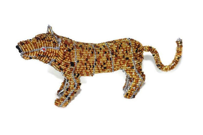 Beaded Cheetah figurine handmade African Art gifts. Brown mini animal sculpture made by Job Guwhe. Unique piece Express Shipping Worldwide.