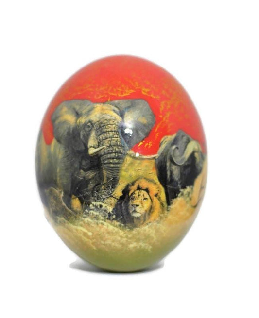 Decoupage Ostrich Egg Big 5 African Art Painted. Red / Blue Background Animal Print Home Decor. Unique Gifts Express Shipping Worldwide