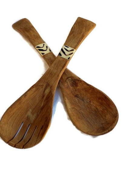 Olive Wood and Kenyan Batik Bone Salad spoon and spork Set. Amazing kitchen Utensils or African Art Decor Express Shipping Worldwide.