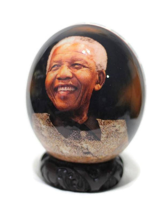 Nelson Mandela Ostrich Egg Decoupage with South African flags and Africa Map on a clear background Egg Shell background. Christmas gifts art