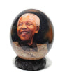 Nelson Mandela Ostrich Egg Decoupage with South African flags and Africa Map on a clear background Egg Shell background. Christmas gifts art