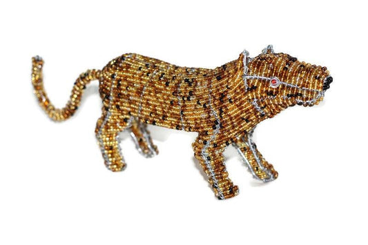 Beaded Cheetah figurine handmade African Art gifts. Brown mini animal sculpture made by Job Guwhe. Unique piece Express Shipping Worldwide.