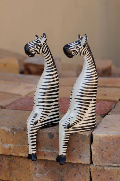 Kenyan Olive Wood Sitting Zebra Figurines. Black and White upright animals decor Sculptures. Express Shipping Worldwide