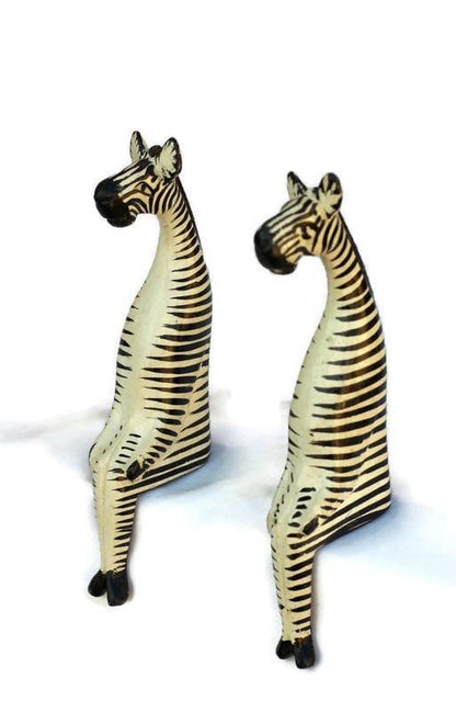 Kenyan Olive Wood Sitting Zebra Figurines. Black and White upright animals decor Sculptures. Express Shipping Worldwide