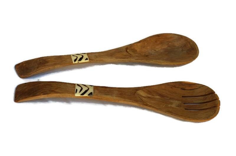 Olive Wood and Kenyan Batik Bone Salad spoon and spork Set. Amazing kitchen Utensils or African Art Decor Express Shipping Worldwide.