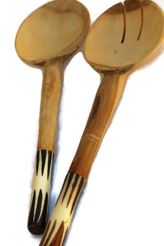 Olive wood and Batik Bone Serving Spoons set with round handles. Kenyan Hand carved Wooden kitchen Decor Express Shipping Worldwide