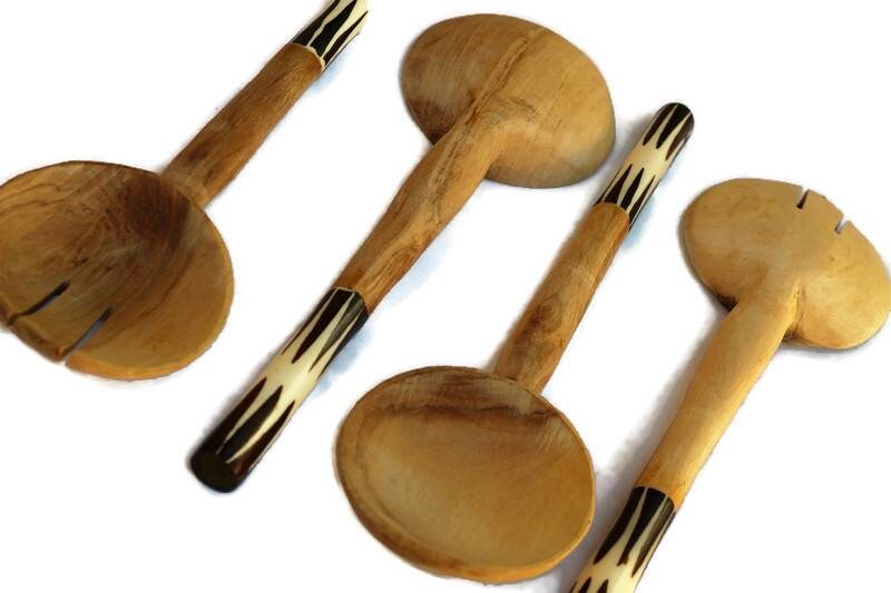 Olive wood and Batik Bone Serving Spoons set with round handles. Kenyan Hand carved Wooden kitchen Decor Express Shipping Worldwide