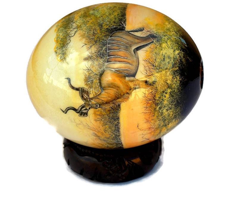 Brown Sunset forest background with Greater Kudu Art Decoupage on an authentic Ostrich Egg Shell. Unique African gift Express Shipping